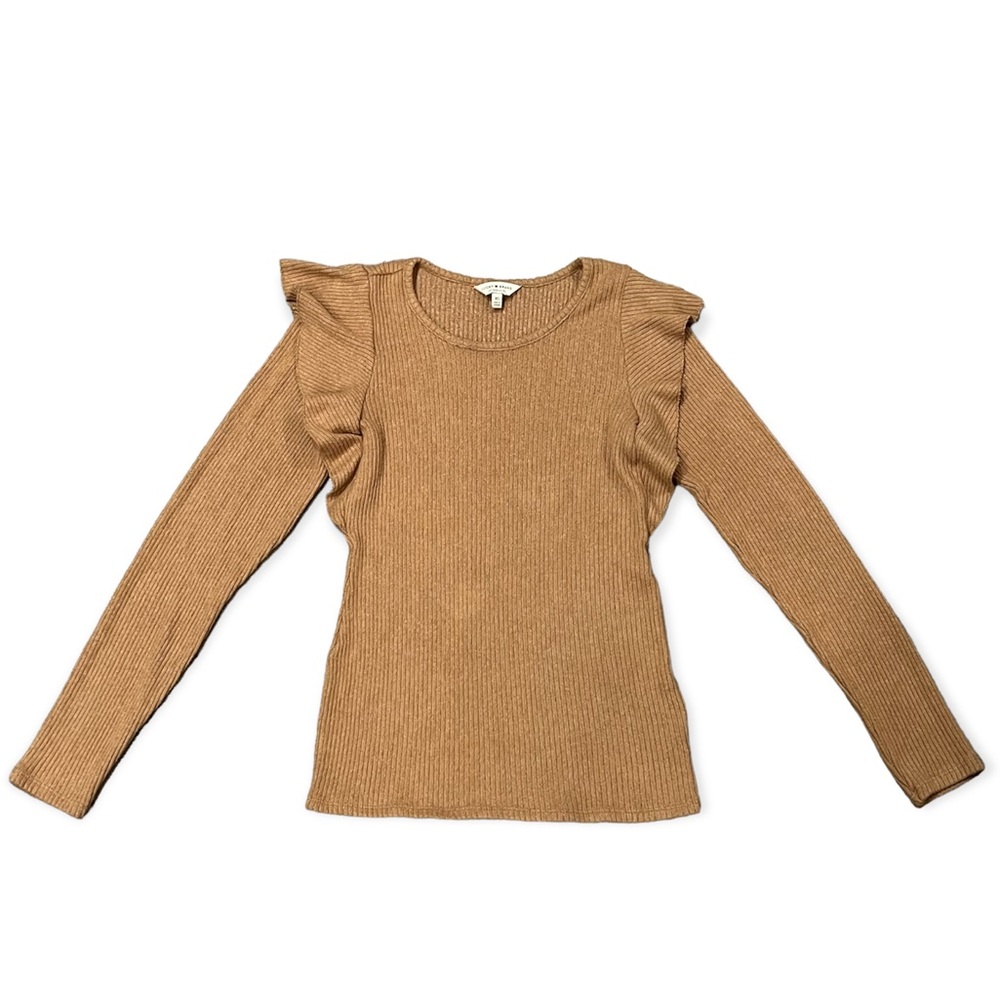 Lucky Brand Brown Ribbed Knit Ruffle Top | Size XS - Picture 4 of 10